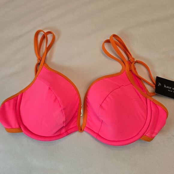 KATE SPADE NY Women's Underwire Contrast Trim Bikini Top Sz: L Radiant Pink - Picture 10 of 10